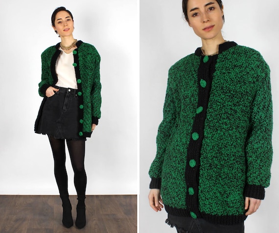Snoopy Chunky Cardigan S-L • 70s Sweater • Green V