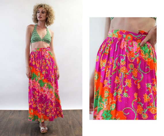 Janis Neon Maxi Skirt XS • 70s Skirt • Vintage Max