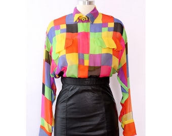 1990s Gianni Versace Couture Silk Chiffon Bodysuit M-M/L, rainbow sheer silk buttondown 44