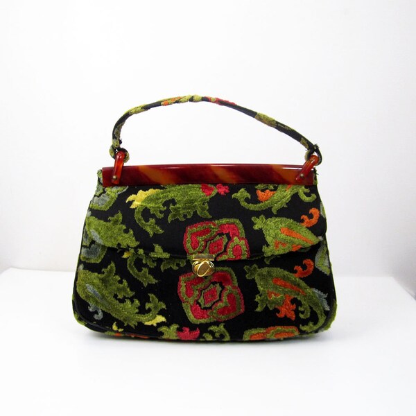 black & moss green carpet bag / 1960s Mary Poppins