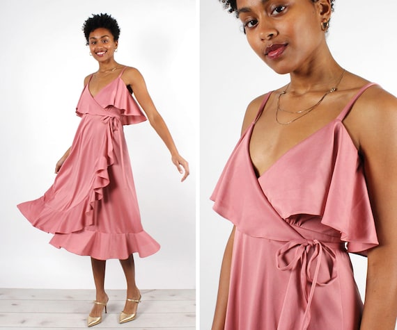 Rose Ruffle Wrap Dress XS-M • 70s Dress • Vintage