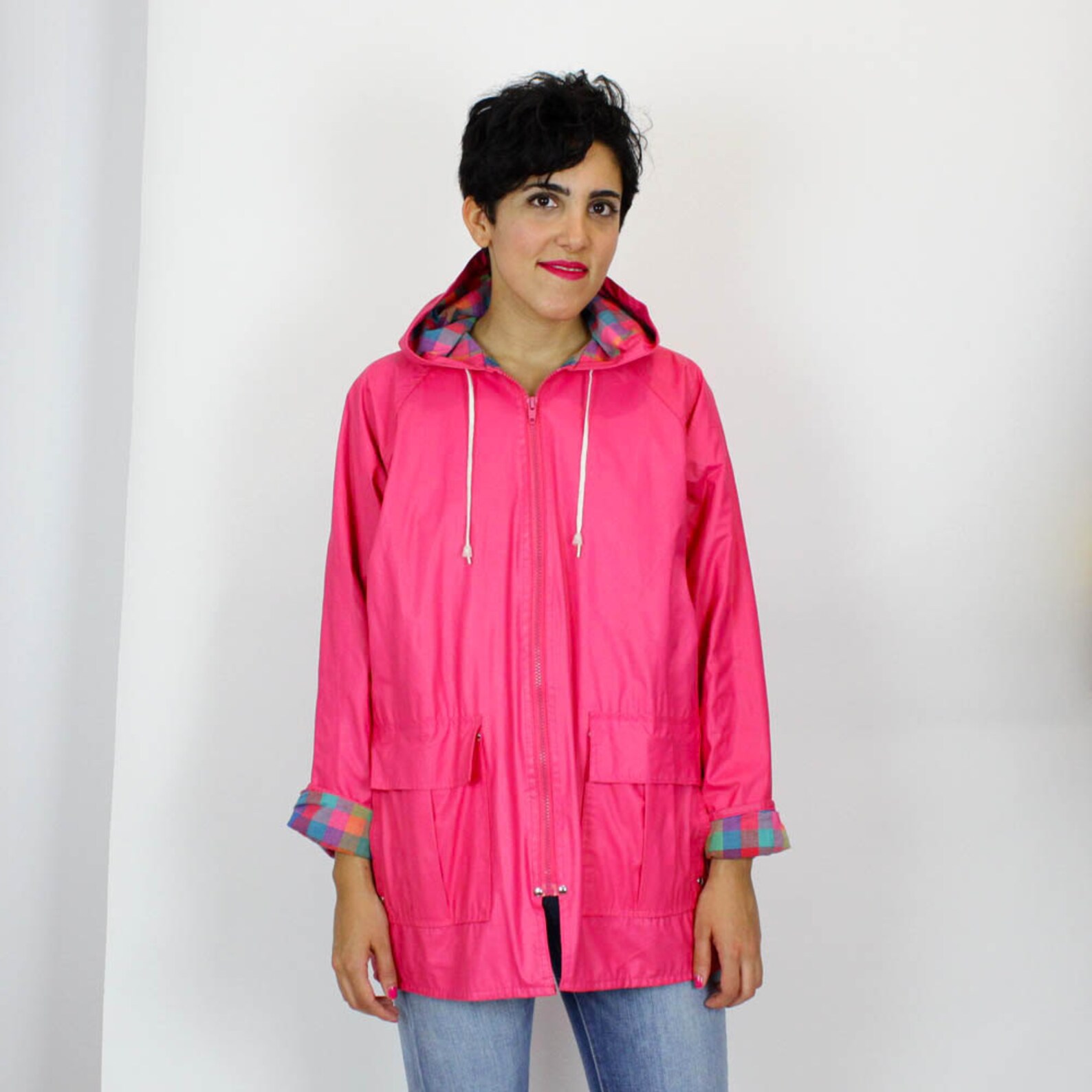 Pink raincoat M / hooded Misty Harbor rain jacket Etsy