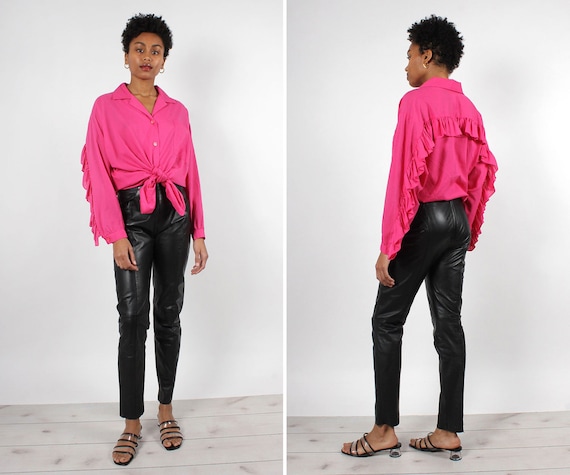 Black Leather Zip-Back Pants S/M • 90s Pants • Bla