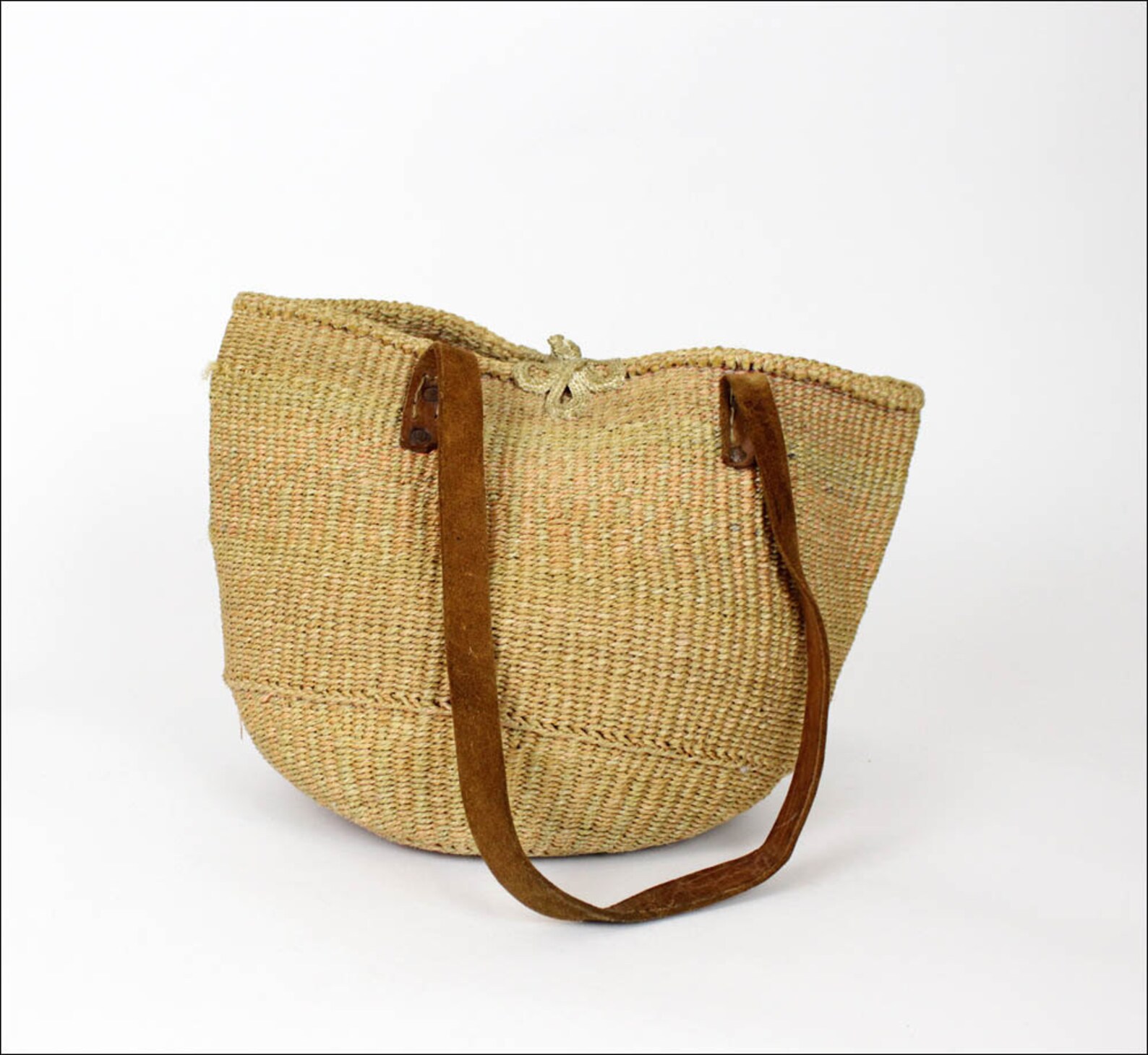 Neutral straw market bag / woven sisal bucket tote / leather Etsy