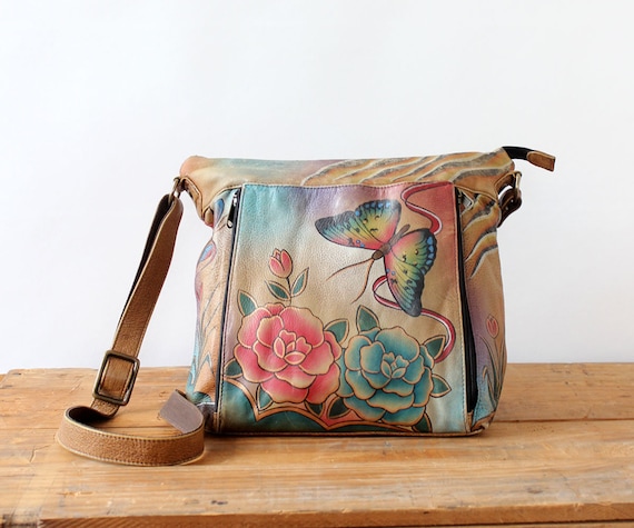 Handpainted Leather Butterfly Purse • 80s Purse •