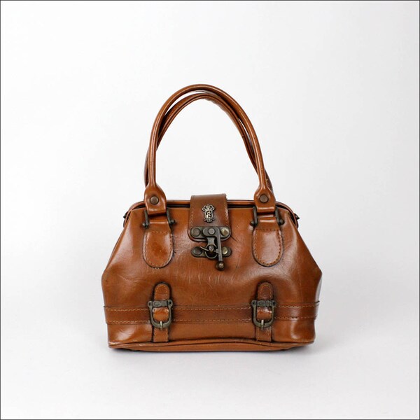 miniature leather doctor bag / 1960s steamer style handbag