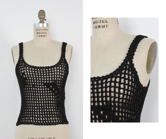 Open Crochet Tank S • 70s Crochet Top • Black Croc