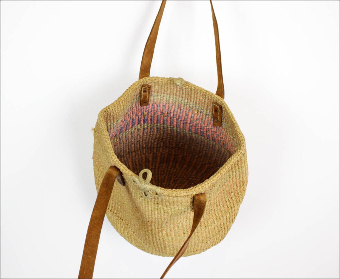 Neutral straw market bag / woven sisal bucket tote / leather Etsy
