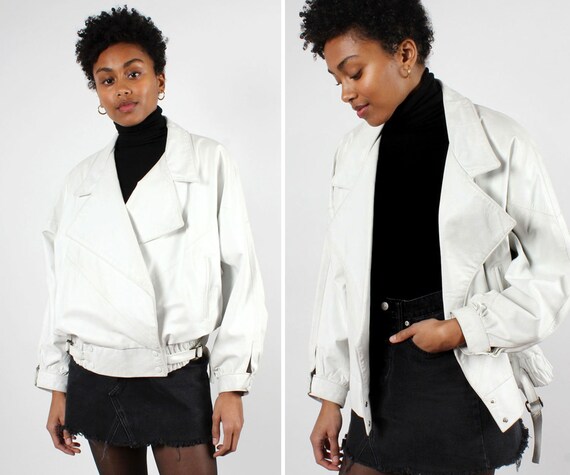 White Leather Batwing Jacket M/L • 80s Jacket • V