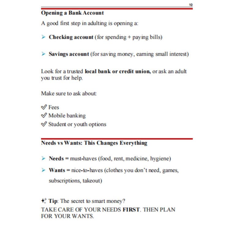 May include: A page from a financial literacy guide with the title "Opening a Bank Account." The text explains checking and savings accounts, and the difference between needs and wants. Includes a tip about prioritizing needs.