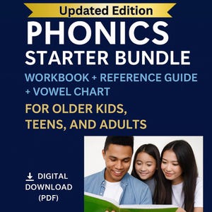 Fonikarbetsbok i PDF-format, utskrivbar läsövning för äldre barn, tonåringar och vuxna.