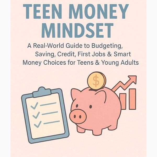 May include: Illustration of a pink piggy bank with a gold coin on top, a clipboard with check marks, and a rising graph. The text reads "TEEN MONEY MINDSET" and "A Real-World Guide to Budgeting, Saving, Credit, First Jobs & Smart Money Choices for Teens & Young Adults."
