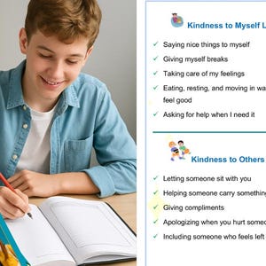 May include: A young person writing in a notebook with a red pen. A workbook titled "Life Skills Workbook for Teens & Young Adults" is visible. Text on the right lists ways to practice kindness to oneself and others.