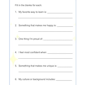 May include: A white activity sheet titled "Activity: What Makes ME... ME?" with fill-in-the-blank questions about personal preferences and identity. The sheet includes prompts about learning, happiness, pride, confidence, uniqueness, and culture.