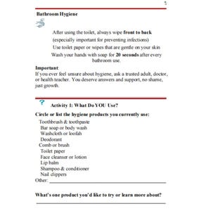 May include: A page from a hygiene education guide with the title "Bathroom Hygiene." The text provides instructions on bathroom practices and lists hygiene products. It includes a section titled "Activity 1: What Do YOU Use?"