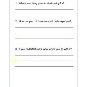 May include: A white page with the word "Reflection" at the top, followed by three questions about saving money. The page has a light blue border and a small illustration of a pen. The number 107 is at the bottom.