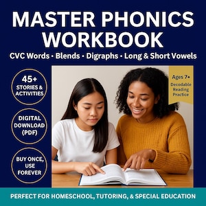 May include: An educational workbook titled "MASTER PHONICS WORKBOOK" with text including "CVC Words, Blends, Digraphs, Long & Short Vowels." The image shows two people reading a book. Additional text includes "45+ Stories & Activities," and "Digital Download (PDF)."