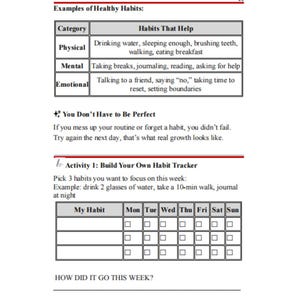 May include: A white paper with text detailing healthy habits, including physical, mental, and emotional categories. It features a habit tracker with spaces to record daily progress. The text encourages building a personal habit tracker.
