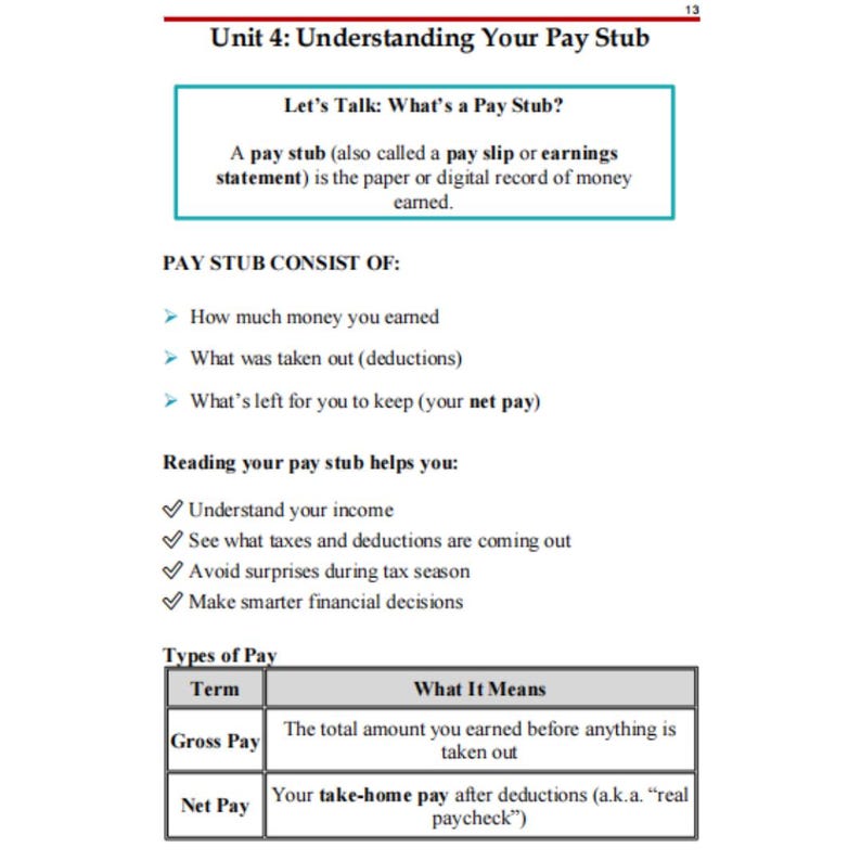 May include: A page from a financial literacy guide titled "Understanding Your Pay Stub." The text explains what a pay stub is, its components, and how it helps understand income, taxes, and deductions. Includes definitions of gross and net pay.