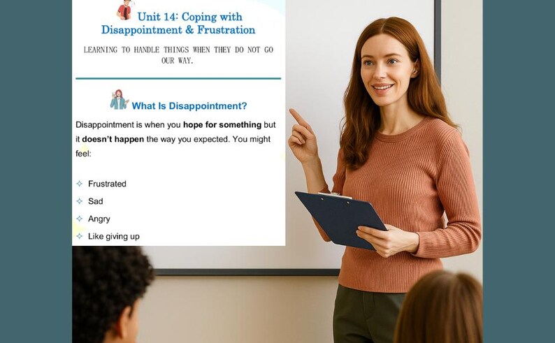 May include: A woman in a rust-colored sweater points to a presentation board. The board displays text about coping with disappointment and frustration. The text includes the title "Unit 14: Coping with Disappointment & Frustration" and the question "What Is Disappointment?"