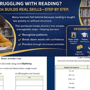 May include: A workbook with the title "STRUGGLING WITH READING?" and the text "THIS BOOK BUILDS REAL SKILLS&mdash;STEP BY STEP." The book is designed for older kids, teens, ESL learners, adult beginners, and real-life themed vocabulary. The book breaks phonics into simple, manageable steps.
