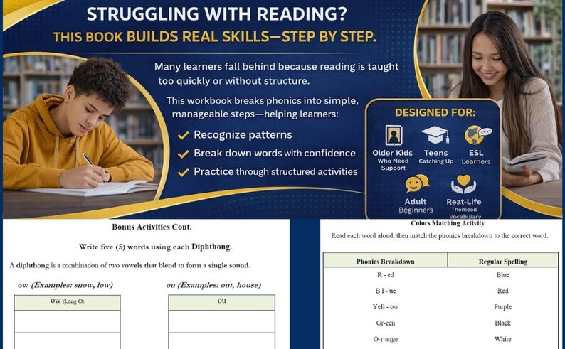 May include: A workbook with the title "STRUGGLING WITH READING?" and the text "THIS BOOK BUILDS REAL SKILLS&mdash;STEP BY STEP." The book is designed for older kids, teens, ESL learners, adult beginners, and real-life themed vocabulary. The book breaks phonics into simple, manageable steps.