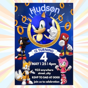 Blaue Speedster Party einladen - Cartoon Gaming 5x7 Vorlage - Bearbeitbarer Name / Datum / Veranstaltungsort