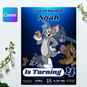 Invitación de cumpleaños clásica de dibujos animados - Plantilla editable negra/azul de 5x7 - Nombre, fecha y dirección personalizados - Bebé niño y niña