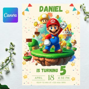Convite de aniversário do Super Mario Bros - Modelo editável Canva 5x7 - Personalizável para crianças de 1 a 15 anos - Download digital instantâneo