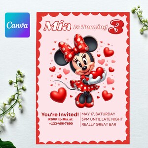 Invito di compleanno con fiocco classico - Modello rosa/rosso 5x7 - Nome/data modificabili - Tema cartone animato senza tempo