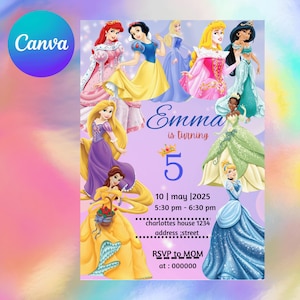 Modelo de convite de aniversário de princesa - Cartão Canva rosa 5x7 editável - Nome/Data/Endereço personalizados - Download instantâneo