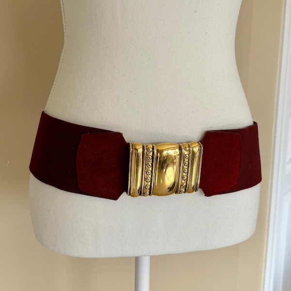 Vintage 1980s Oxblood Suede and Fabric Stretch Belt with Oversized Ornate Gold Tone Buckle, 34 inches