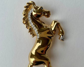 1980s Butler Bucking Horse Stallion Gold Tone Rhinestone Brooch, Vintage Butler Pin