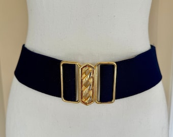 1980s Adjustable Navy Fabric Stretch Belt with Braided Gold Tone Buckle