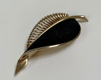 Rare 1950s Boucher Black Suede Leather and Gold Tone Leaf Brooch, Signed Number 5159