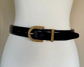 Vintage Talbots Black Genuine Patent Leather Belt with Braided Rope Gold Tone Buckle, Size Small, Vintage 1990s Belt