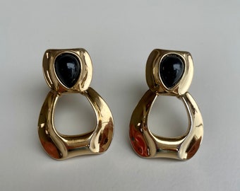 Givenchy Oversized Doorknocker Gold Tone Earrings with Black Cabochons, Signed 1980s Givenchy Clip-on Earrings, Designer Runway