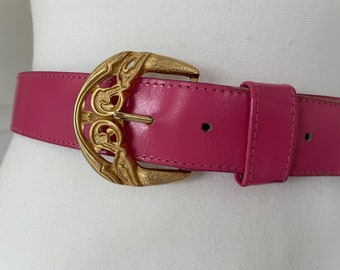 Vintage Ceinture Canada Pink Genuine Leather Belt with Ornate Gold Buckle, Size M, 1980s belt