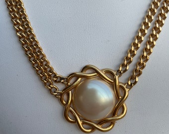 Vintage Monet Gold Tone and Faux Pearl Double Strand Necklace