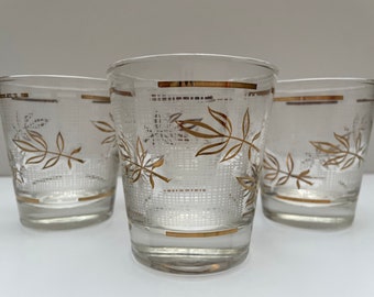 Four Vintage MCM Lowball Glasses, Gold Leaves and White Lattice Pattern, Unmarked, 1960s Glassware