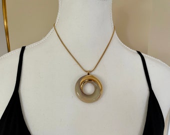 1979 Givenchy Lucite Modernist Necklace, Creamy Beige Lucite and Gold Tone Circle Pendant Necklace, Signed Givenchy 1979