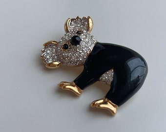 1980s D’Orlan Koala Bear Rhinestone and Black Enamel Brooch, Signed