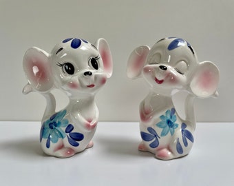 Adorable Vintage Japan Floral Pattern Mice Salt and Pepper Shakers