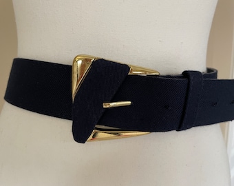 Vintage 1980s Century Canada Navy Fabric Belt with Gold Tone Buckle