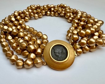 Vintage Carolee Roman Soldier Coin Matte Gold Tone Beaded Choker Necklace, Signed Carolee Necklace