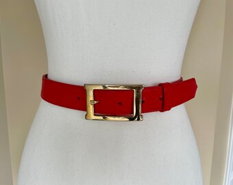 1980s Saks Fifth Avenue Made in Italy Red Genuine Leather Belt with Gold Buckle, Size Small Vintage Red 1980s Belt