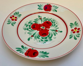 Mid-century Handpainted Hollohaza Hungary Decorative Plate with Red Flowers