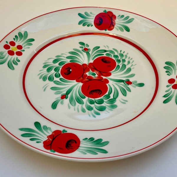 Mid-century Handpainted Hollohaza Hungary Decorative Plate with Red Flowers