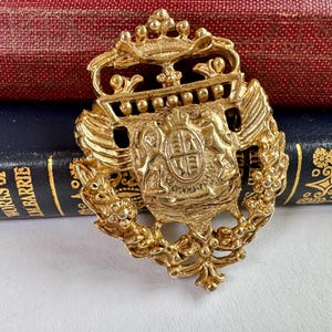 Vintage Heraldic Lion Crest with Crowns and Shield Brooch Pin, Coat of Arms Jewelry