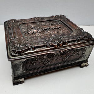 Vintage Ornate Cigarette Box, Wood Lined Repousse Metal, Carriage, Coach Design